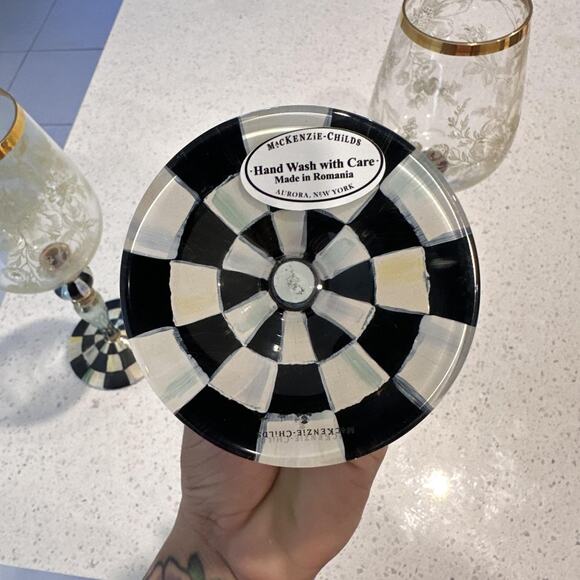 MacKenzie Childs Blooming Wine Glasses Goblet Courtly Check Set Of 3 Designer - Picture 9 of 15